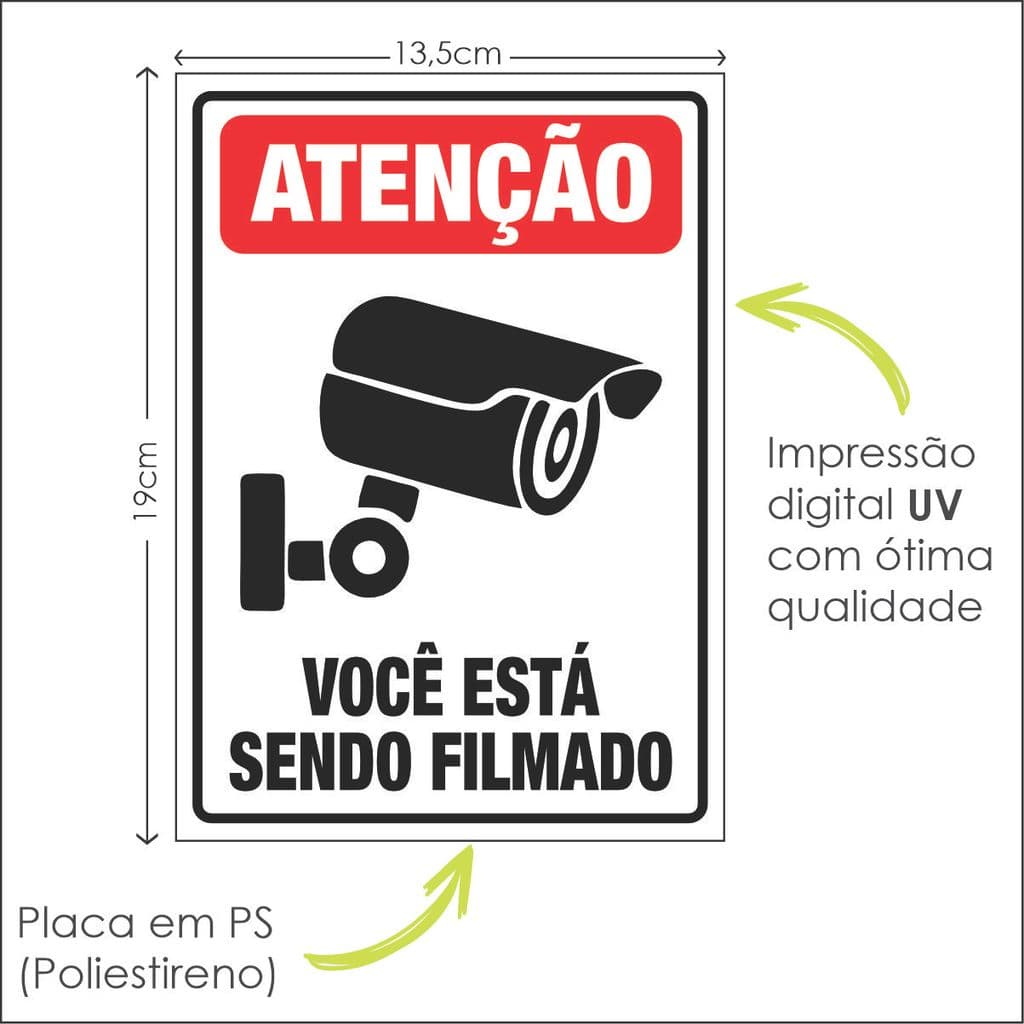 10 uni Placa Ambiente Monitorado 19x13,5cm Câmeras Segurança