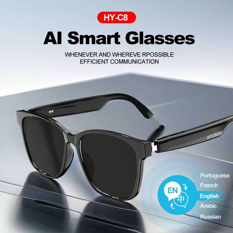 Óculos Inteligentes HY-C8 AI com Tradução em Tempo Real, Fone de Ouvido Bluetooth Sem Fio, Proteção Solar, Comunicação e