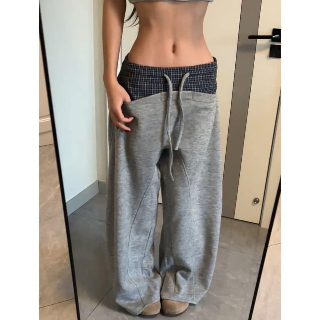 [Novo produto] Calça Casual americana retrô elástica com cordão xadrez costura masculina feminina solta Irregular perna