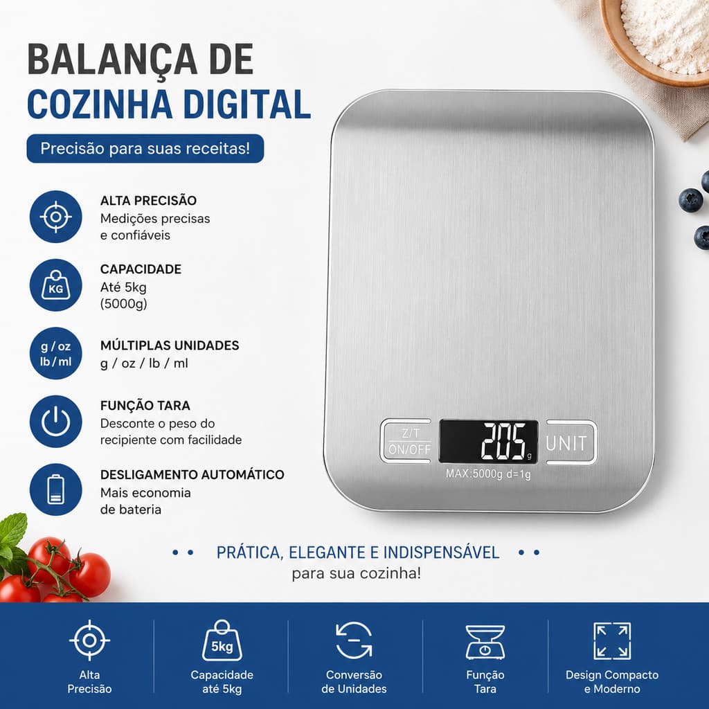 Balança Digital de Cozinha 5kg Alta Precisão LCD Aço Inoxidável com Função Tara