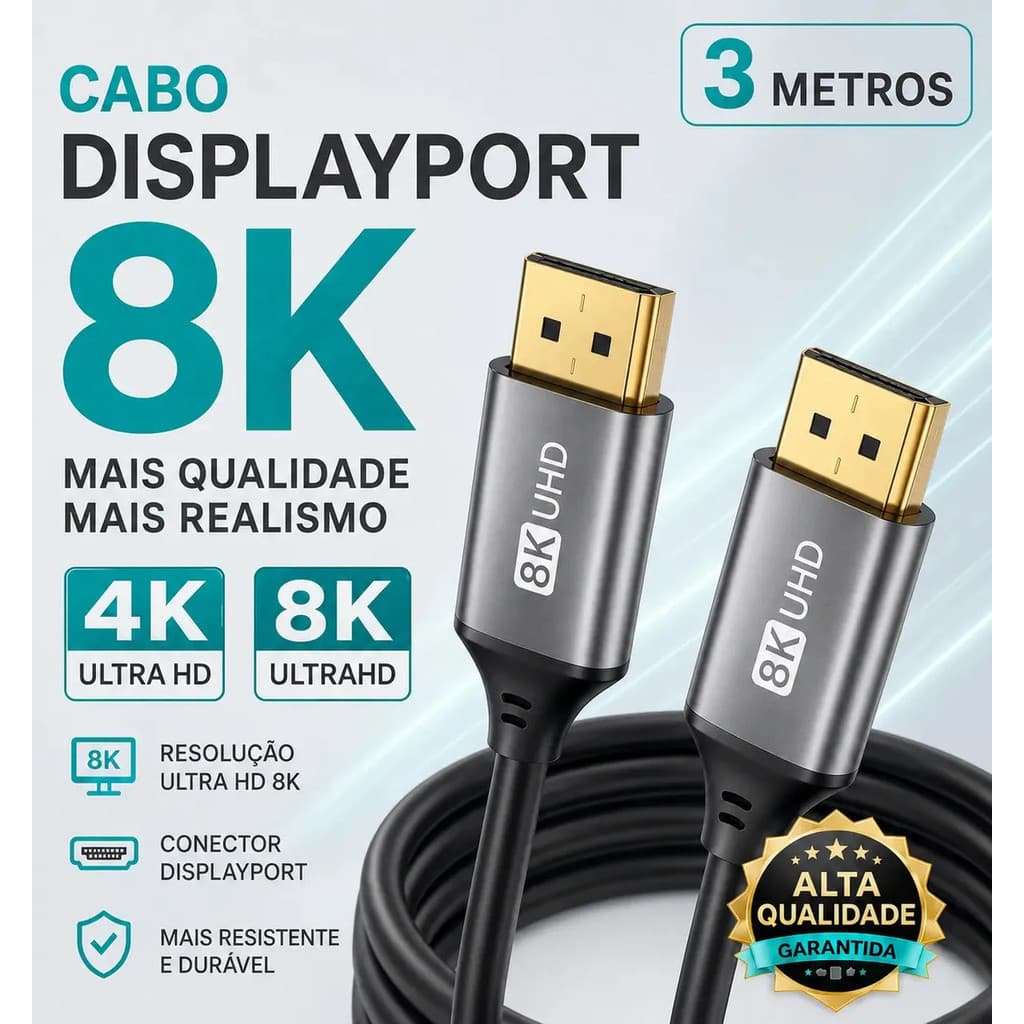 Cabo Displayport 1.4 De 3 Metros Para Monitor Gamer 8k E 4k Hdr Com G-sync E Freesync