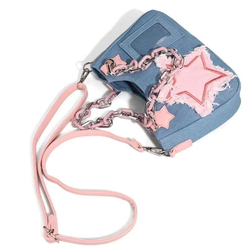 Bolsa jeans rosa estrela Y2K, bolsa de ombro com corrente dupla, bolsa mensageiro estilo fofo Harajuku feminina E5W3