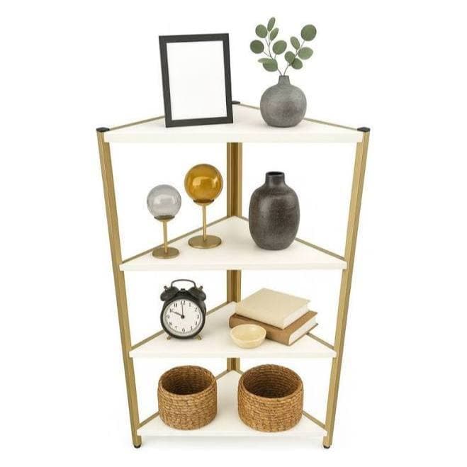 Prateleira de Canto 4 Prateleiras Metalon Dourado MDF Branco Organizador Lavanderia Banheiro Cozinha Multiuso
