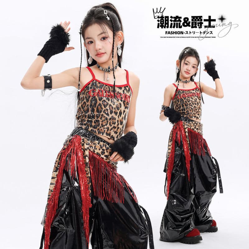 Meninas Jazz dança desempenho trajes leopardo impressão suspensórios trajes de palco estilo Hip-Hop moda meninas verão q