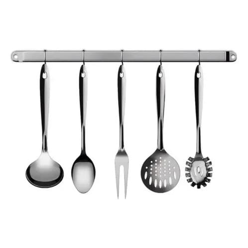 Conjunto Utensilios Inox Cozinha Com Barra De Pendurar 6 Pçs Inox