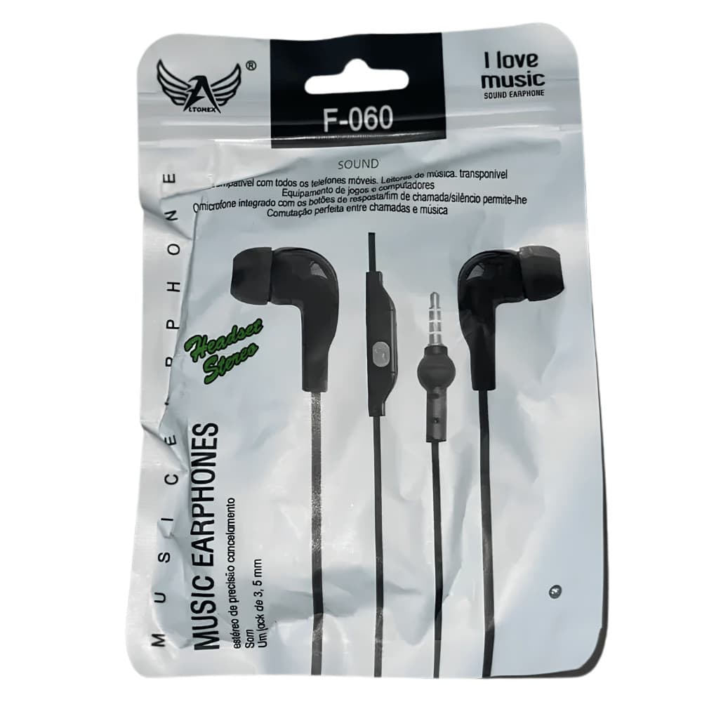 Fone De Ouvido Intra-Auricular F-060 com Borrachinha cor Preto Altomex