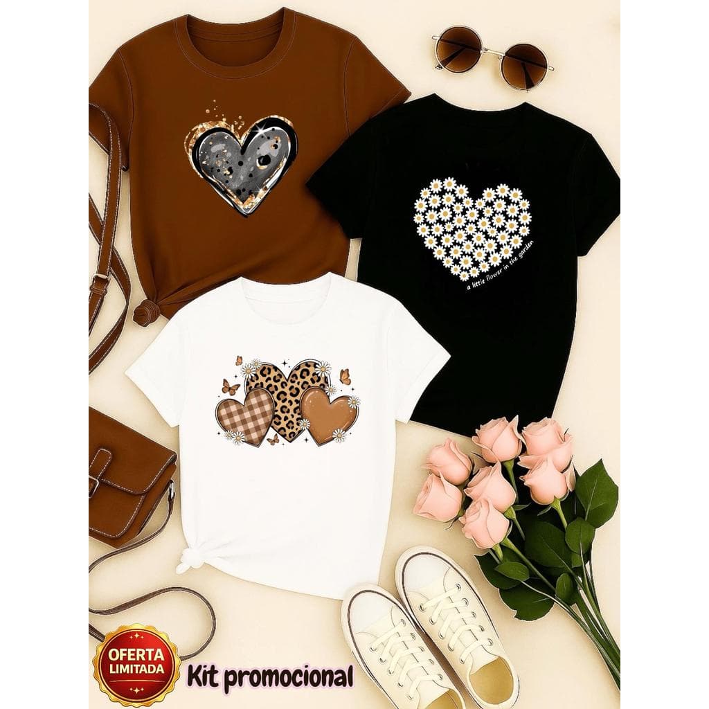 Conjunto Especial de 3 Camisetas Casuais para Mulheres com Estampa Floral de Coração e Animais, Design Estampado