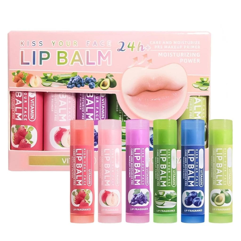 Pacote com 6 Bálsamos Labiais com Sabor de Frutas Naturais, com Vitamina, Hidratante, Calmante e Reparador para Lábios S