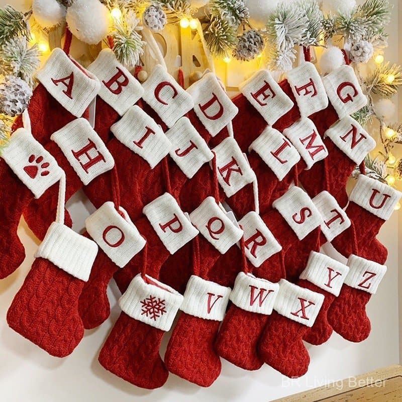 Meias de Natal com Alfabeto, Floco de Neve, Letras Vermelhas, Enfeite de Árvore, Decorações para Casa, Presente OZWK