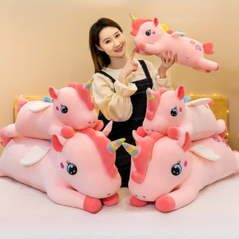 Almofada longa unicórnio de pelúcia fofa e macia, boneco de pelúcia, presente de aniversário