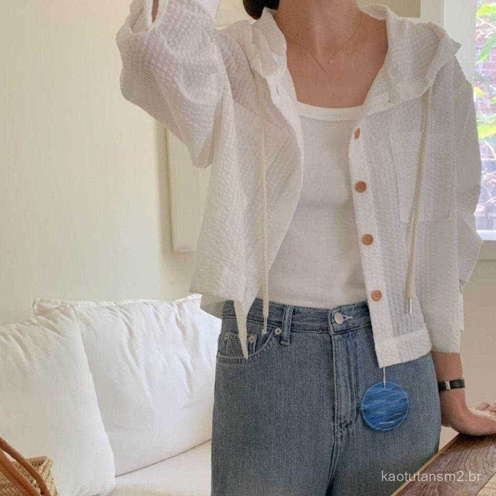 Camisa com Capuz Listrada LYNDON, Manga Longa com Proteção Solar e Cordão, Moletons Soltos e Elegantes para Mulheres