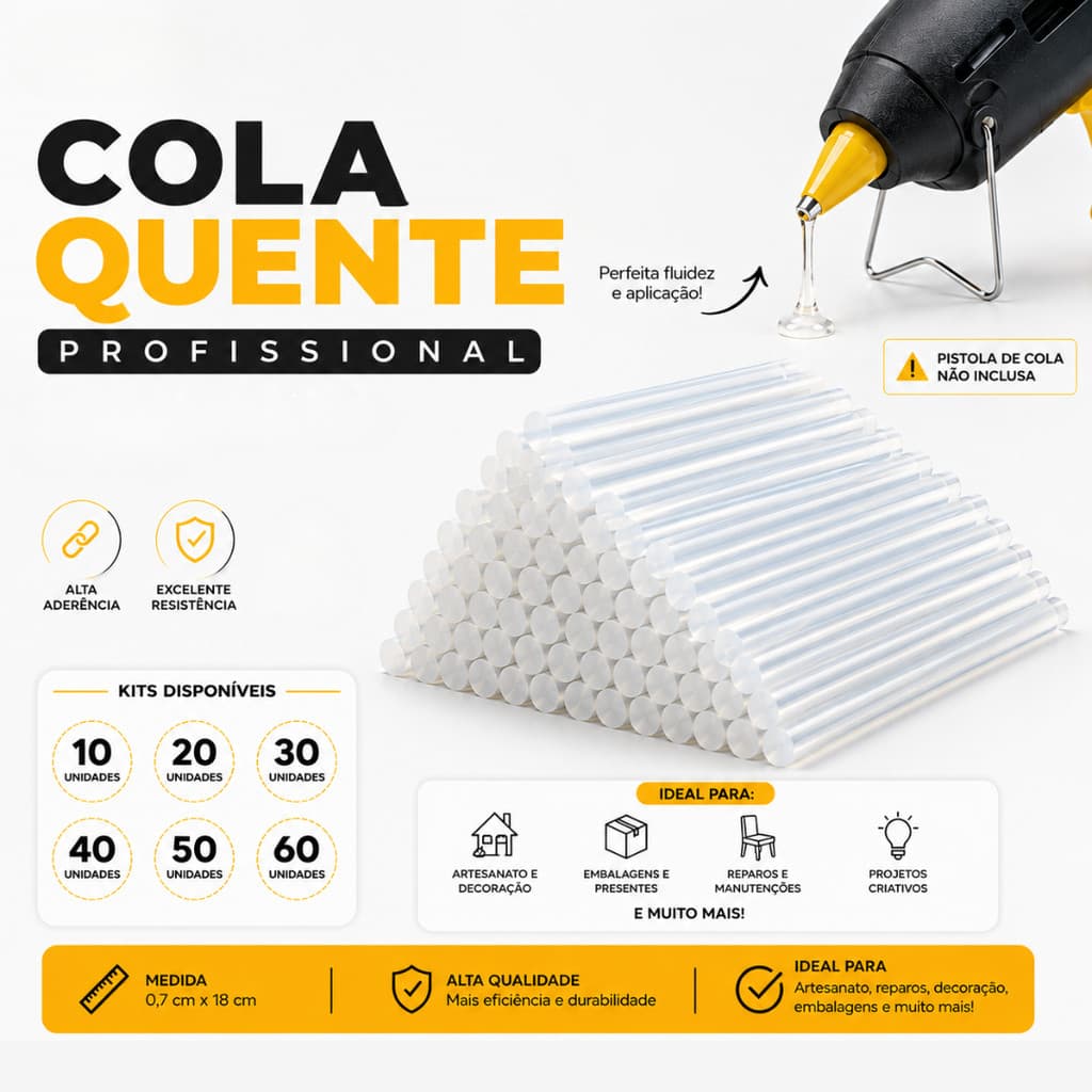 Kit Bastão de Cola Quente 10/20/30/40 Tubos fino 0,7x18cm Profissional