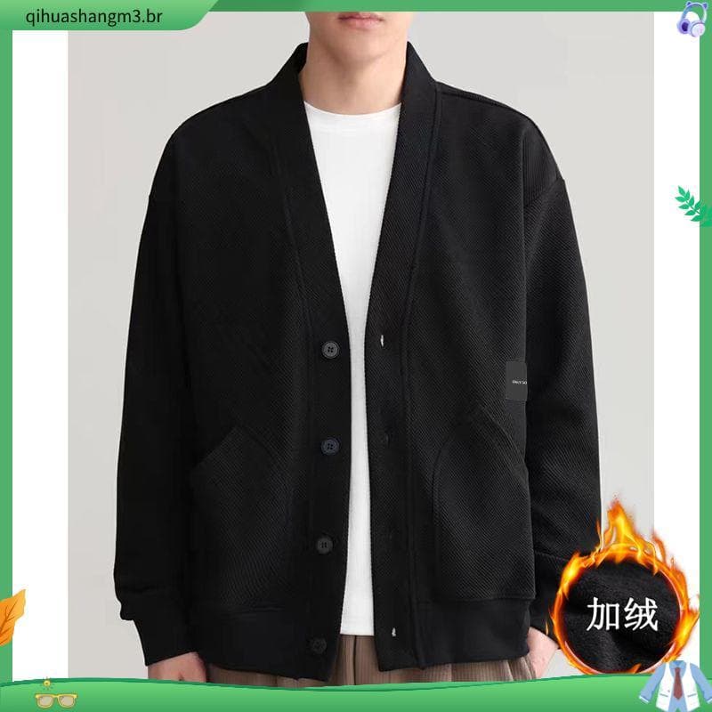 High-End masculino outono inverno forro de lã engrossado jaqueta solta Casual com decote em V moda Cardigan All-Match bo