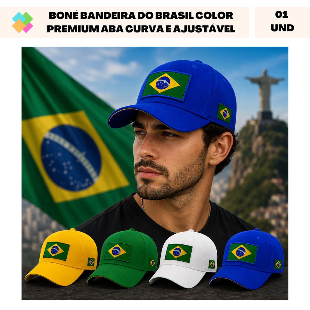 Boné Bandeira do Brasil Color Premium Aba Curva e Ajustável Unissex (1 Und)