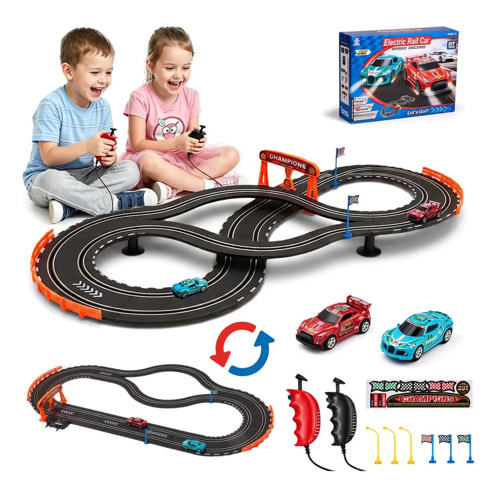 JogoJunto Autorama Pista Elétrica de Corrida para Crianças com 2 Carrinhos 2 Controles Ponte 20 Pés Brinquedo