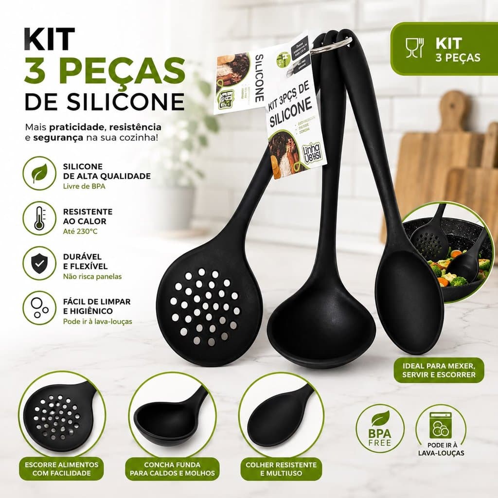Kit Utensílios de Silicone para Cozinha Concha Colher Escumadeira Antiaderente 20cm