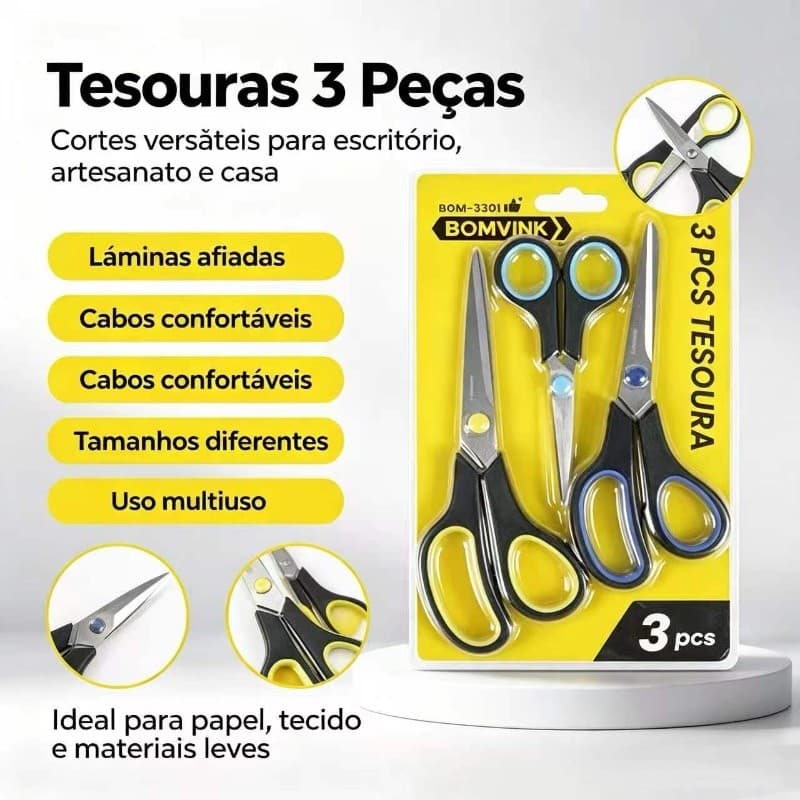 Kit 3 Tesoura Inoxidável 3 em 1 Para Uso Geral Grande Media Pequena