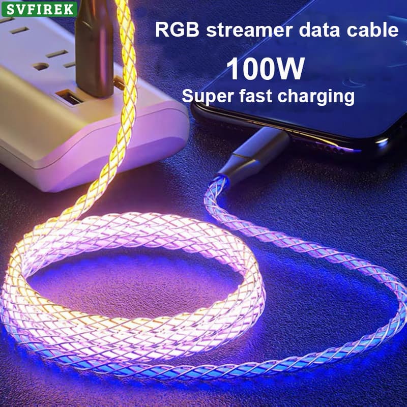 100W 6A RGB Gradiente Streamer Cabo De Carregamento Rápido Núcleo De Cobre Puro PD Dados Suporte QC3.0 FCP VOOC Tipo C C