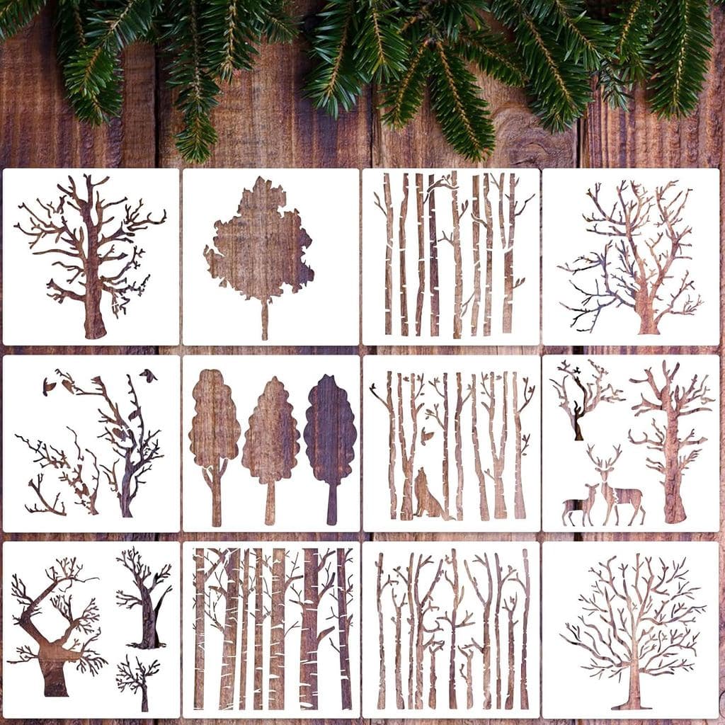 PAGOW 12 peças de Estênceis de Árvores de Aspen, Estênceis de Desenho Reutilizáveis em PET, Moldes de Pintura Artística