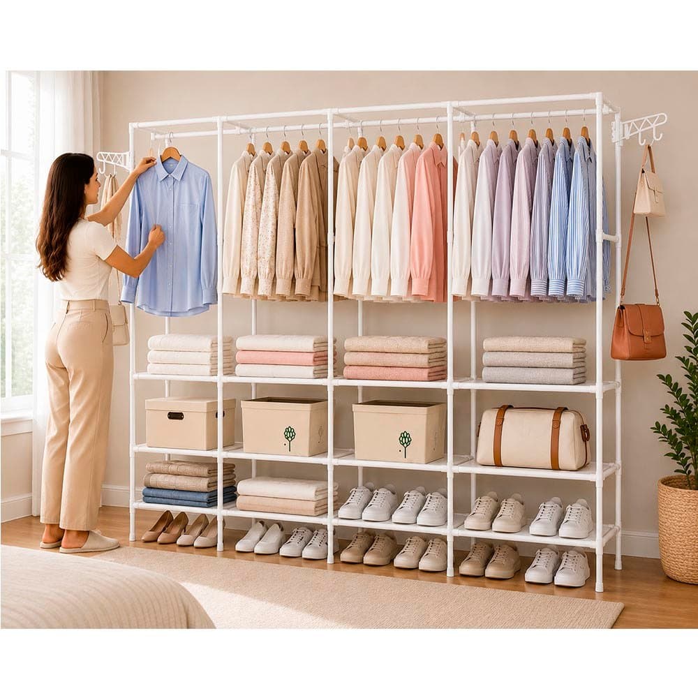 Arara Cabideiro com Sapateira e 10 Prateleiras 4 Colunas Branco Armário Organizador Quádruplo para Closet e Quarto