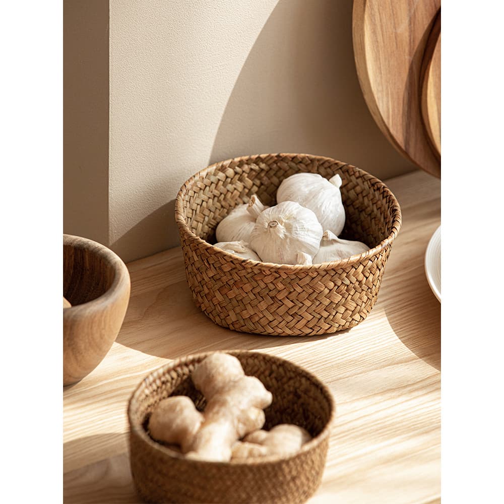 Cesta de armazenamento de algas naturais, cesta de armazenamento de cozinha, gengibre, alho, pequena entrada redonda, ce