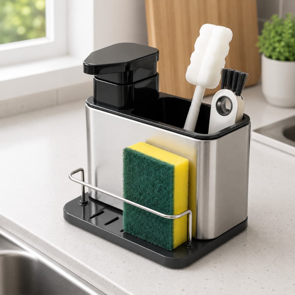Porta Detergente Dispenser De Sabão Líquido Com Porta Esponja E Bucha Em Inox Para Cozinha