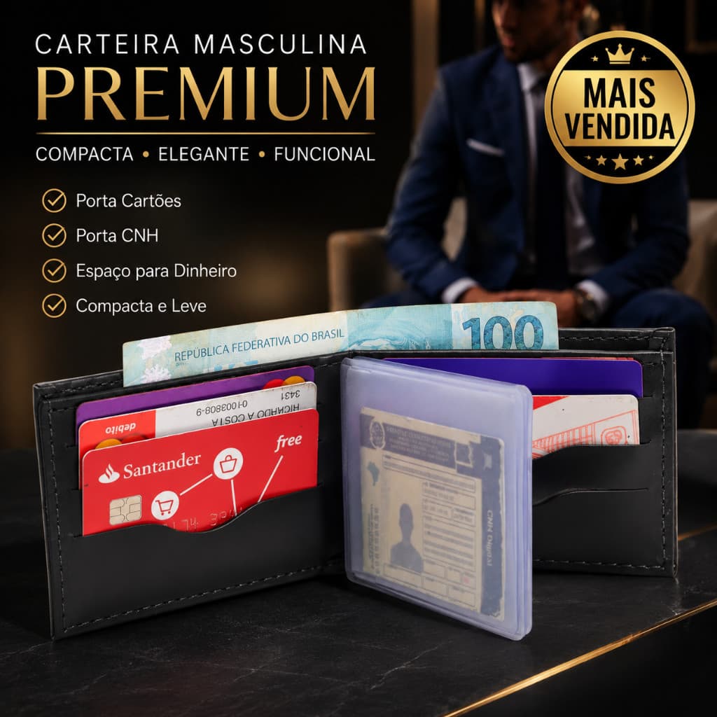 Carteira Masculina Slim Porta Cartões Porta CNH Couro Sintético Preta Compacta Elegante