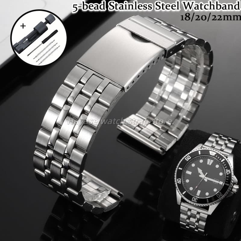 18mm 20mm 22mm Universal 5 Contas Pulseira De Aço Inoxidável Retro Relógio De Metal Fivela Dobrável Masculino Feminino N