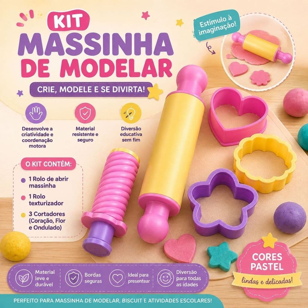 Kit Massinha de Modelar Infantil – Rolo + Cortadores | Diversão Criativa e Educativa