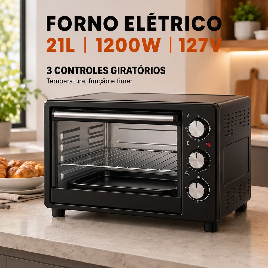 Forno Elétrico Para Aquecer Refeições 21 Litros 1200W 110V com Timer Grade e Bandeja Antiaderente