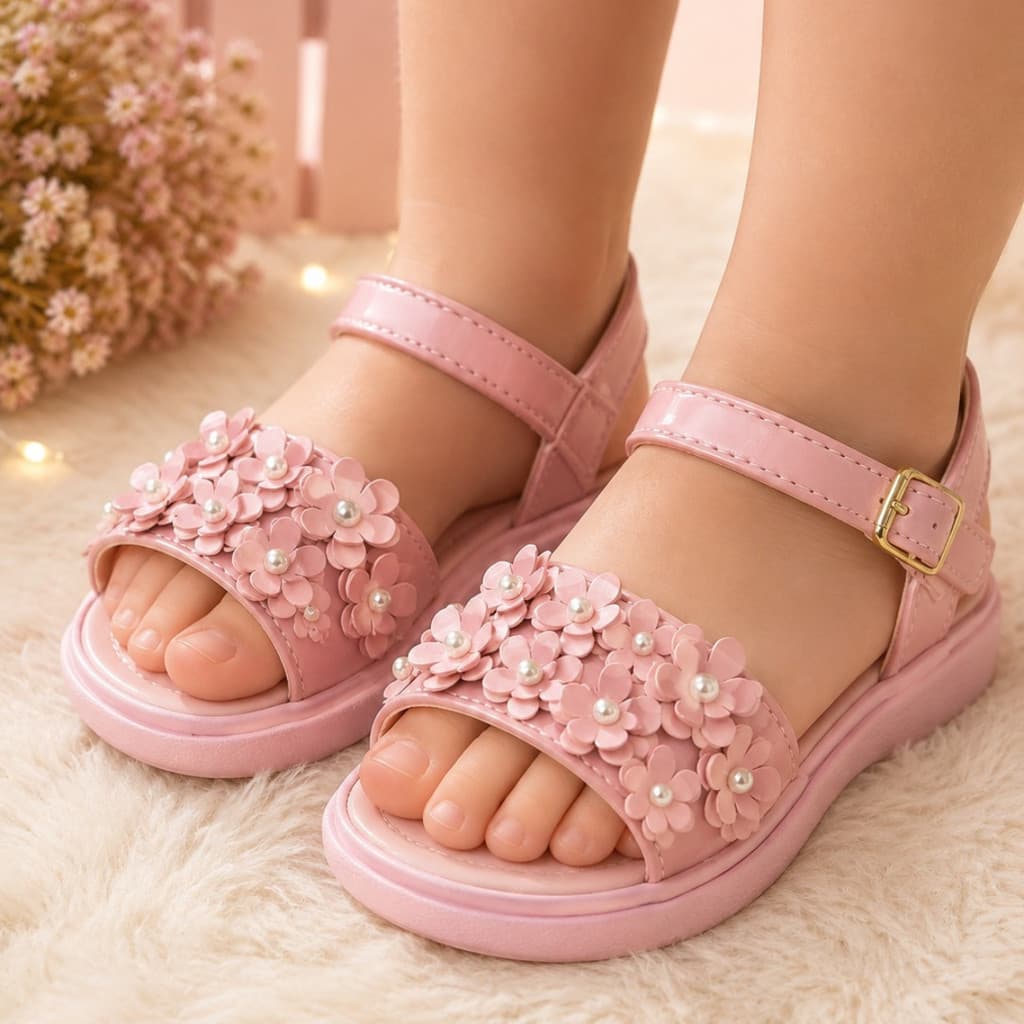 Sandália Infantil Feminina com Flores 3D e Pérolas Confortável para Passeios e Festas Ajustável de Fivela