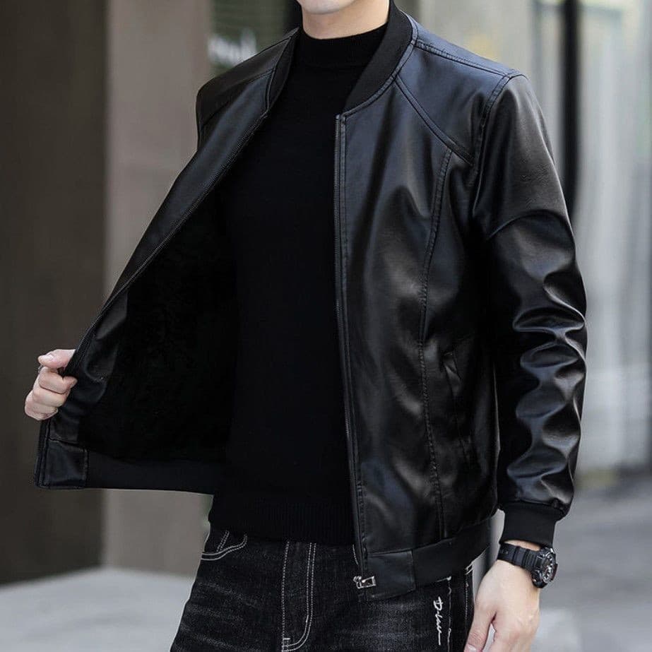 Jaqueta de couro masculina de meia-idade, forro de lã, jaqueta de couro Casual masculina, jaqueta de couro solta de tama