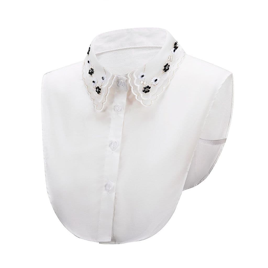 Gola Falsa de Camisa Feminina Branca de Algodão, Bordada com Strass, Removível, Acessório de Moda 2EUY