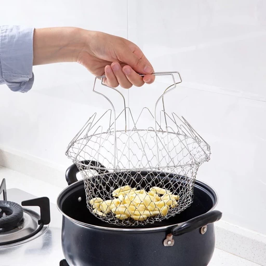 Cesta de fritura de aço inoxidável 304, batatas fritas domésticas, asas de frango frito, retrátil, dobrável, filtro redo