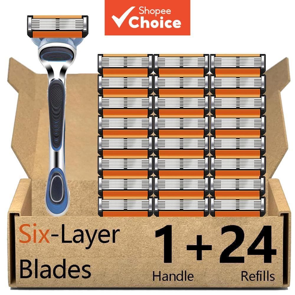 Conjunto De Barbeador De Lâmina De 6 Camadas Masculino – 1 Alça E 24 Lâminas , Punho Antiderrapante , Compatível Com Gil