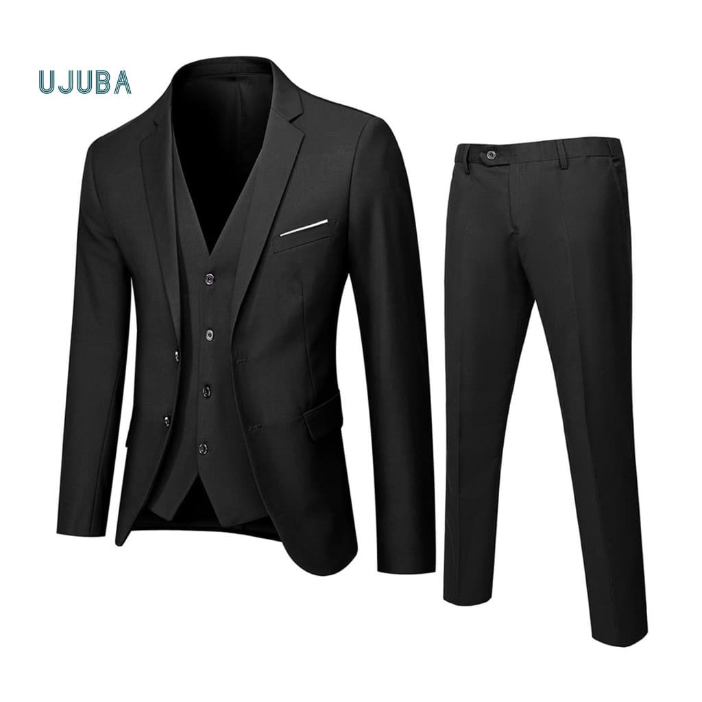 Hand-stitched Suit Set 3-piece with Lapels 3pcs Men Slim Fit – Formal Wedding Tuxedo Jacket Vest Pants Solid Color Bus