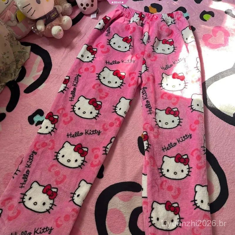 Calças de Pijama Femininas Y2k Hello Kitty Anime Sanrio, Calças de Algodão Elásticas e Quentes, Estilo Casal BS7Q DPO9