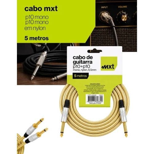 Cabo P10 Guitarra Violão MXT 5 Metros Blindado Nylon Têxtil Dourado Mono 6,5mm Instrumentos Musicais Amplificador Pedal
