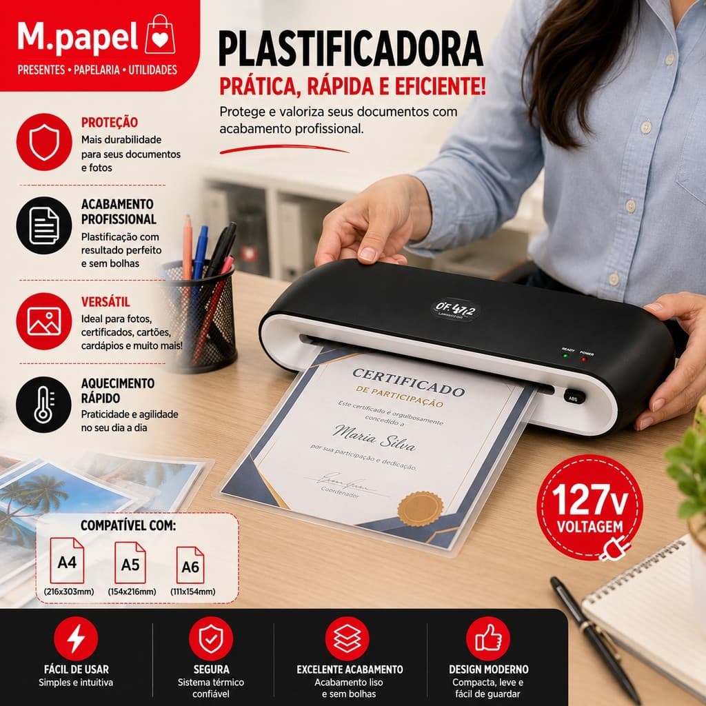 Plastificadora Laminadora A4 127V Profissional – Máquina para Plastificação de Documentos, Fotos e Materiais Escolares
