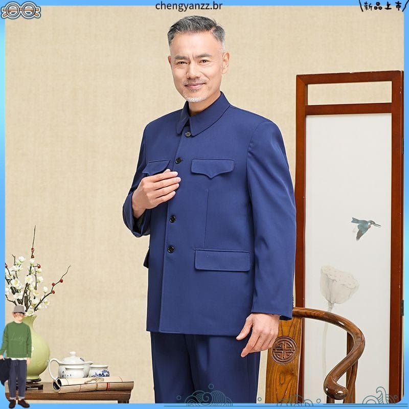 Terno de montanha chinesa para idosos de meia-idade, traje de montanha chinês azul marinho, duas peças, primavera outono