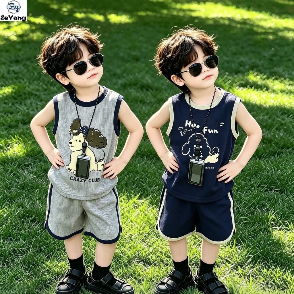 [ZY] 70-120 Pronto estoque infantil Casual colete terno sem mangas Top Shorts terno de duas peças terno de desenho anima
