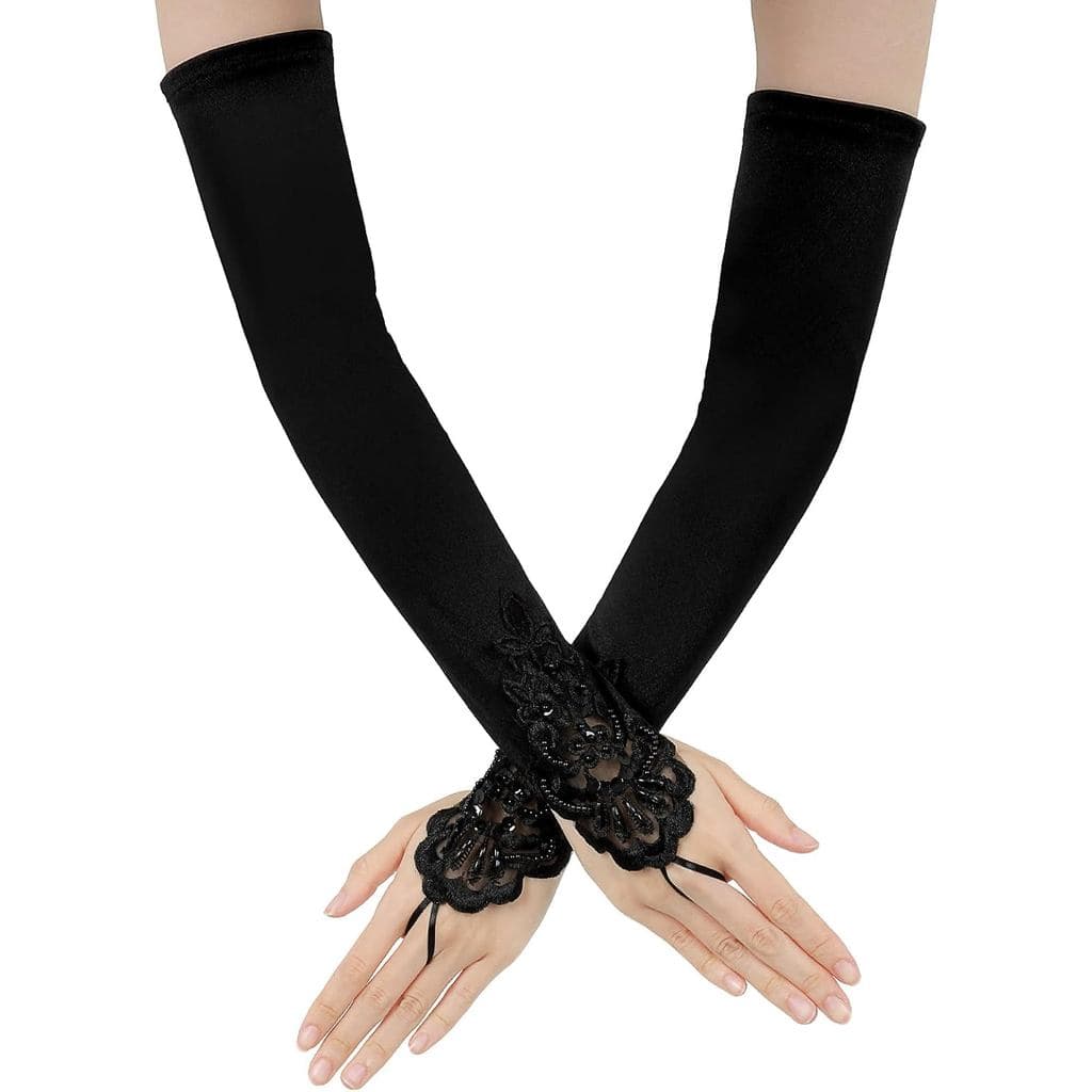 Luvas de Ópera de Cetim Xinjoduz - Comprimento até o Cotovelo, Pretas, Elásticas e Sem Dedos, Perfeitas para Festas e Ca