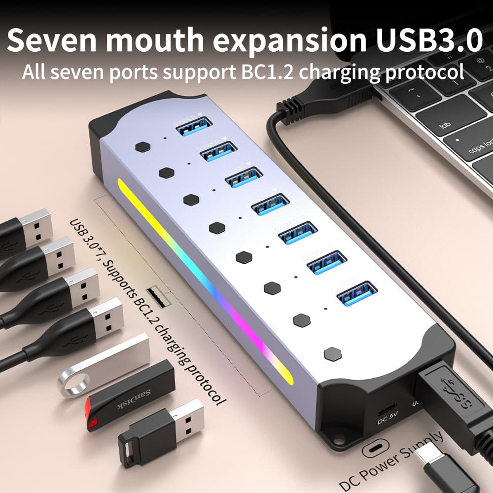 2026 novo estilo usb HUB3.0 hub 7 portas hub liga de alumínio 3.0 USB-C extensor de computador divisor hub usb202607