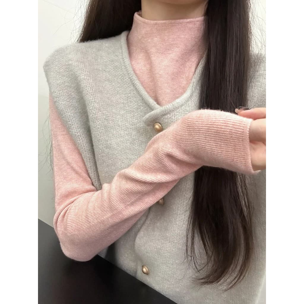 Suave feminino macio ceroso malha Cardigan colete feminino outono inverno em camadas pequena gola alta camisola interna