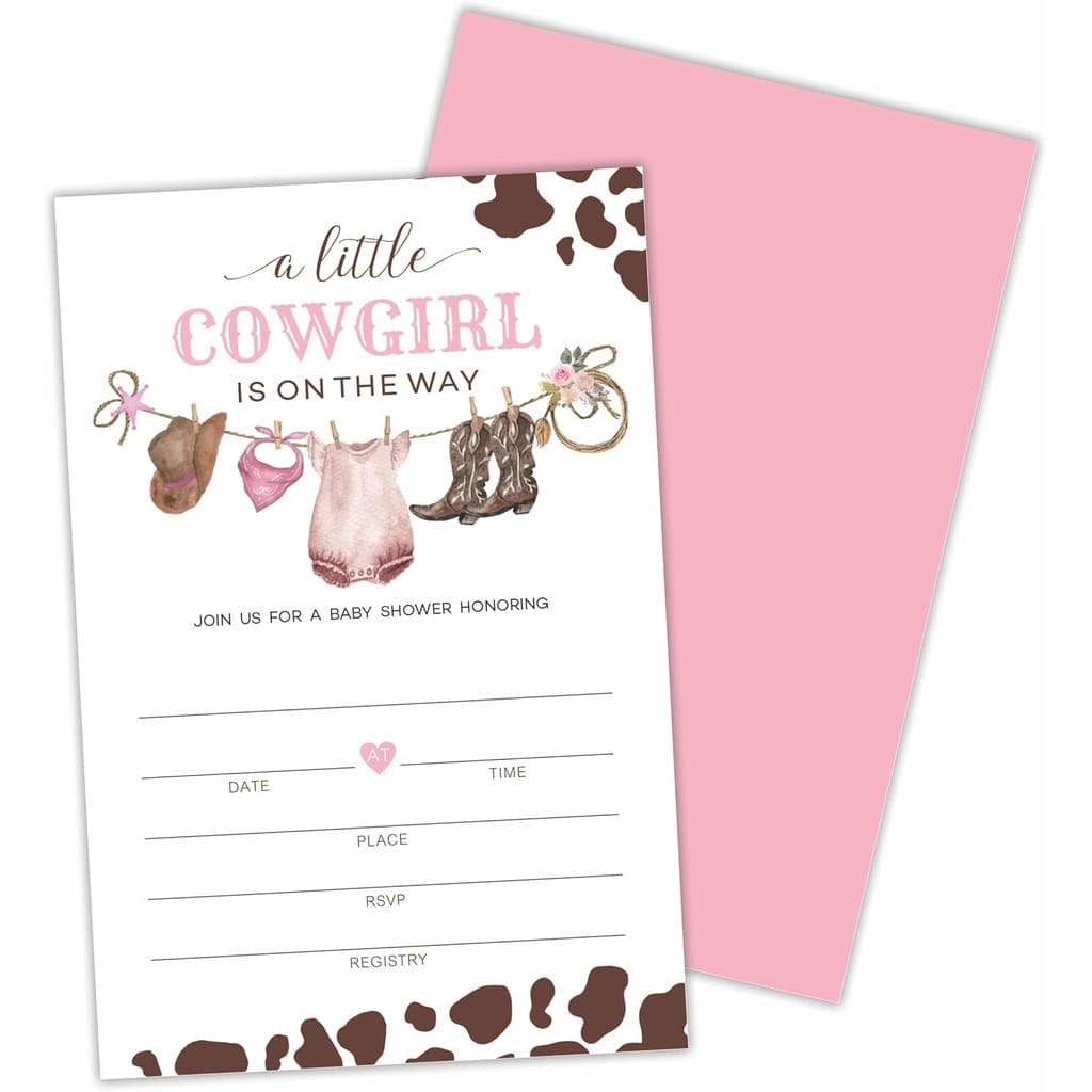 25 Cartões de Convite para Chá de Bebê com Tema de Pequena Cowgirl, com Envelopes, Convites com Tema de Roupa de Bebê pa