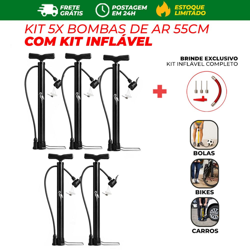 5x Bomba de Ar 55cm com Bicos Adaptadores Pneu Bike Moto Bola