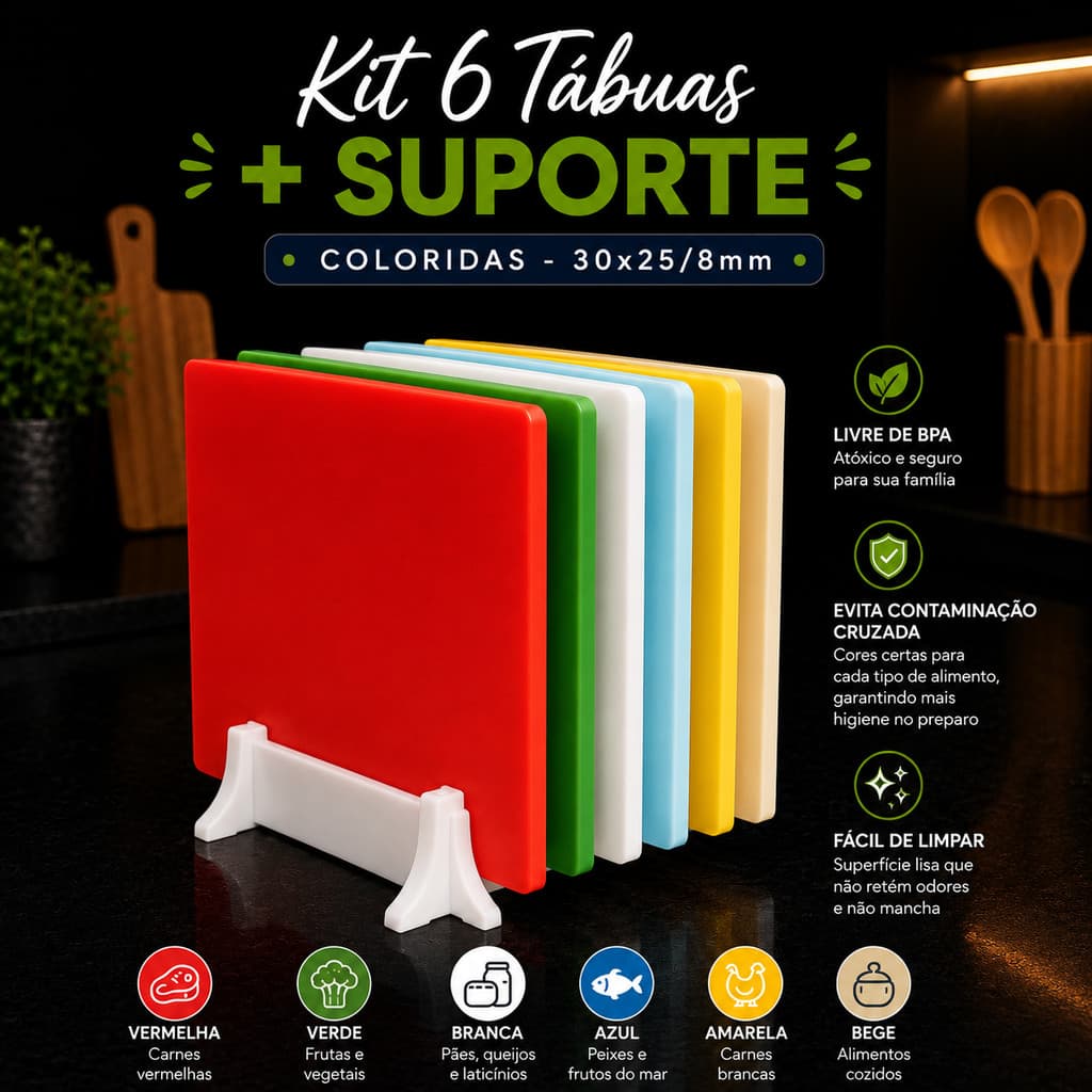 Kit 6 Tabuas De Corte 30x25 8MM Antibacteriana + SUPORTE Carnes Legumes