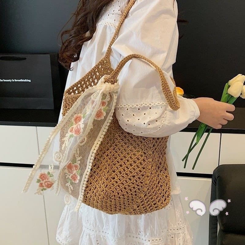 Sacola De Malha De Mão Oca De Flor – Bolsa De Ombro De Praia Casual Feminina Para Deslocamento