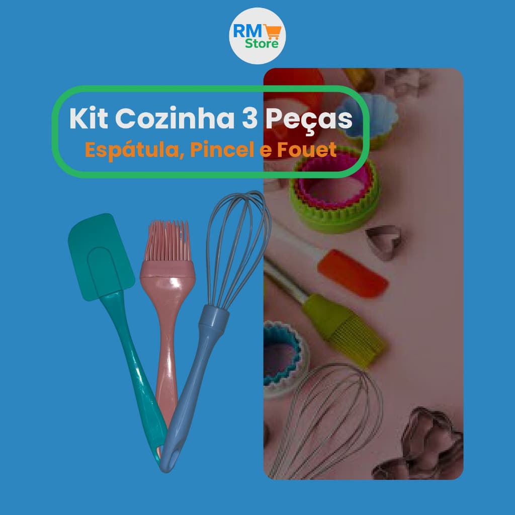 Kit Utensílios de Cozinha 3 Peças – Espátula, Pincel e Fouet (Batedor) Coloridos em Silicone