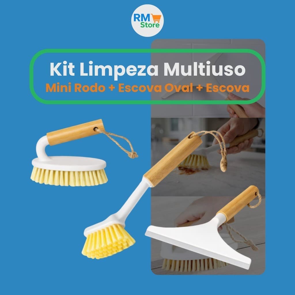 Kit Limpeza Banheiro e Cozinha: Escova Cabo de Bambu + Rodo de Pia + Escova Oval – Praticidade!